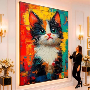 Quadro Gato dos Sonhos em Pinceladas Coloridas visto de frente, exibindo sua moldura e sua arte.