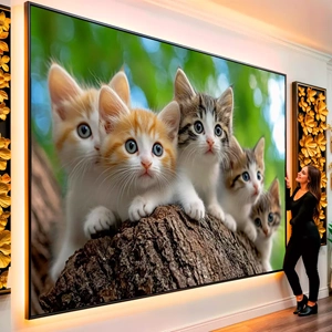 Quadro Gato em Aventura na Floresta Encantada visto de frente, exibindo sua moldura e sua arte.