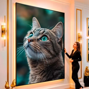 Quadro Gato Sereno dos Olhos Verde Esmeralda visto de frente, exibindo sua moldura e sua arte.