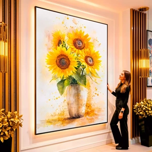 Quadro Girassol da Primavera em Cores Radiantes visto de frente, exibindo sua moldura e sua arte.