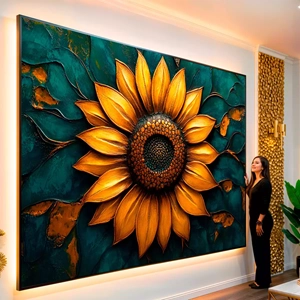 Quadro Girassol de Ouro em Harmonia Celestial visto de frente, exibindo sua moldura e sua arte.