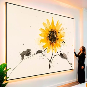 Quadro Girassol em Explosão de Cores Vivas visto de frente, exibindo sua moldura e sua arte.