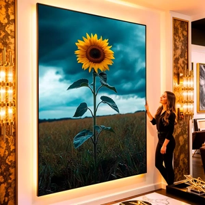 Quadro Girassol Solitário Sob Céu de Tempestade visto de frente, exibindo sua moldura e sua arte.