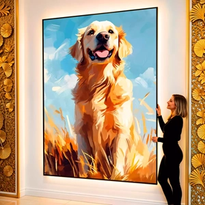 Quadro Golden Retriever no Campo visto de frente, exibindo sua moldura e sua arte.
