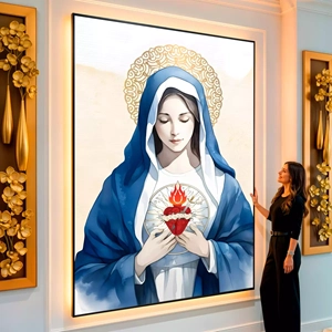 Quadro Imaculado Coração de Maria watercolor visto de frente, exibindo sua moldura e sua arte.