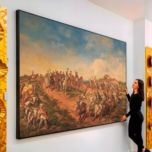 Quadro Independência ou Morte visto de frente, exibindo sua moldura e sua arte.