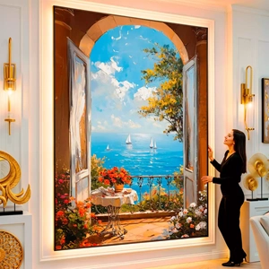 Quadro Janela do Mediterrâneo visto de frente, exibindo sua moldura e sua arte.