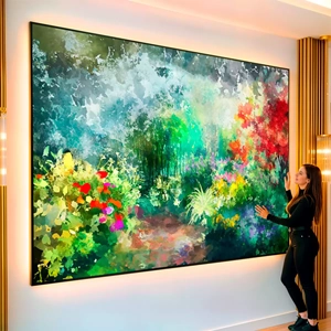 Quadro Jardim em Pintura Abstrata visto de frente, exibindo sua moldura e sua arte.