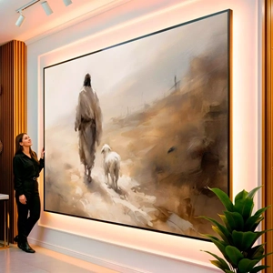 Quadro Jesus Caminhando Com A Ovelha Perdida visto de frente, exibindo sua moldura e sua arte.