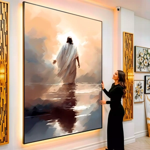 Quadro Jesus Caminhando Sobre a Luz Celestial visto de frente, exibindo sua moldura e sua arte.