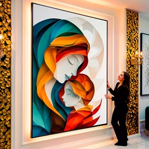 Quadro Jesus e Maria Abstrato visto de frente, exibindo sua moldura e sua arte.