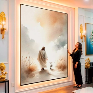 Quadro Jesus Guiando O Cordeiro Pelo Caminho Celestial visto de frente, exibindo sua moldura e sua arte.
