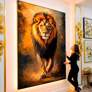 Quadro Leão Bronze visto de frente, exibindo sua moldura e sua arte.