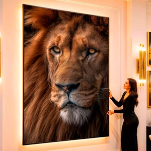 Quadro Leão com Olhar de Sabedoria visto de frente, exibindo sua moldura e sua arte.
