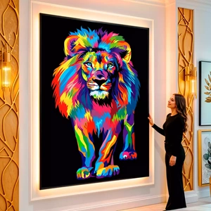 Quadro Leão Cromático em Essência de Arco visto de frente, exibindo sua moldura e sua arte.