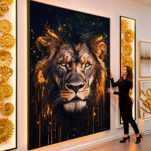 Quadro Leão do Brilho Dourado visto de frente, exibindo sua moldura e sua arte.