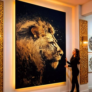 Quadro Leão Dourado visto de frente, exibindo sua moldura e sua arte.