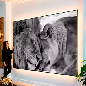 Quadro Leão e Leoa Preto e Branco visto de frente, exibindo sua moldura e sua arte.