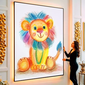 Quadro Leão Infantil em Arco visto de frente, exibindo sua moldura e sua arte.