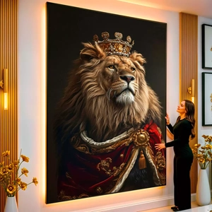 Quadro Leão Majestoso com Coroa de Sabedoria visto de frente, exibindo sua moldura e sua arte.