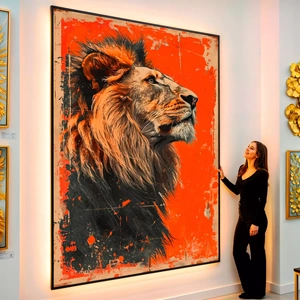 Quadro Leão Majestoso em Chamas da Coragem visto de frente, exibindo sua moldura e sua arte.