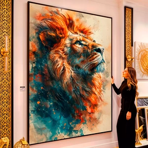 Quadro Leão Majestoso nas Chamas da Eternidade visto de frente, exibindo sua moldura e sua arte.