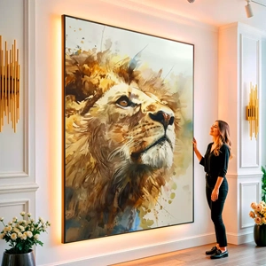Quadro Leão Sereno no Horizonte Dourado visto de frente, exibindo sua moldura e sua arte.