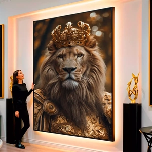 Quadro Leão Soberano de Armadura Dourada visto de frente, exibindo sua moldura e sua arte.