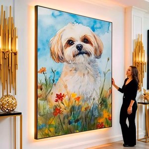 Quadro Lhasa Apso visto de frente, exibindo sua moldura e sua arte.