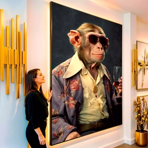 Quadro Macaco Sommelier visto de frente, exibindo sua moldura e sua arte.