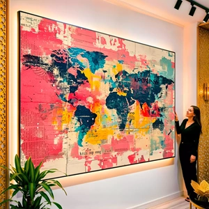 Quadro Mapa Mundi visto de frente, exibindo sua moldura e sua arte.