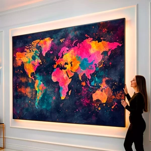Quadro Mapa Mundi das Cores Cósmicas Vibrantes visto de frente, exibindo sua moldura e sua arte.