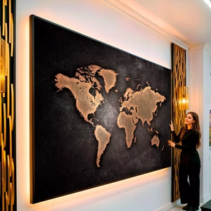 Quadro Mapa Mundi das Relíquias Antigas e Brilhantes visto de frente, exibindo sua moldura e sua arte.