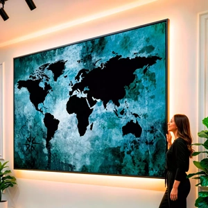 Quadro Mapa Mundi visto de frente, exibindo sua moldura e sua arte.