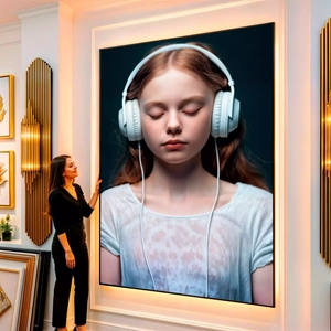 Quadro Menina com fone visto de frente, exibindo sua moldura e sua arte.