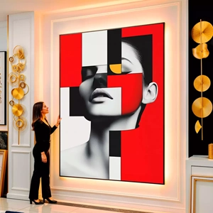 Quadro Mulher Abstrata em Fragmentos de Emoções Geométricas visto de frente, exibindo sua moldura e sua arte.