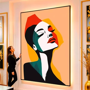 Quadro Mulher Abstrata em Harmonia de Tons Modernos visto de frente, exibindo sua moldura e sua arte.