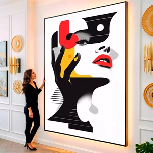 Quadro Mulher Abstrata em Linhas e Contrastes Vivos visto de frente, exibindo sua moldura e sua arte.