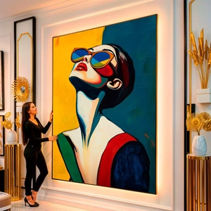Quadro Mulher Abstrata em Olhares de Verão Coloridos visto de frente, exibindo sua moldura e sua arte.
