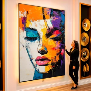 Quadro Mulher Abstrata em Sonhos Cromáticos Intensos visto de frente, exibindo sua moldura e sua arte.