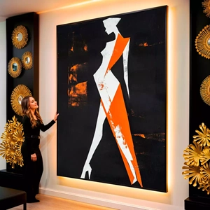 Quadro Mulher Abstrata em Traços Geométricos Vibrantes visto de frente, exibindo sua moldura e sua arte.