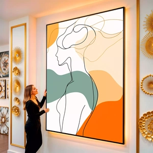 Quadro Mulher Abstrata Entre Linhas e Cores Fluídas visto de frente, exibindo sua moldura e sua arte.