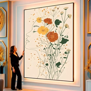 Quadro Mulher com Flores de Primavera em Sonho visto de frente, exibindo sua moldura e sua arte.