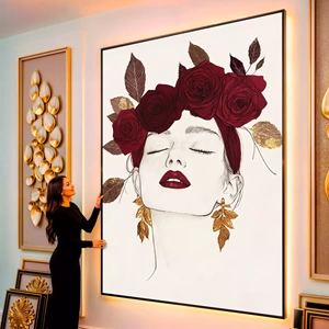 Quadro Mulher com Flores e Beleza Atemporal visto de frente, exibindo sua moldura e sua arte.