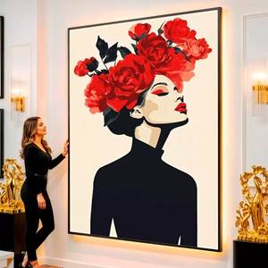 Quadro Mulher com Flores e Elegância Rubra Contemporânea visto de frente, exibindo sua moldura e sua arte.