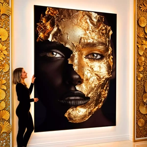 Quadro Mulher Negra Dourada em Contrastes de Luz visto de frente, exibindo sua moldura e sua arte.