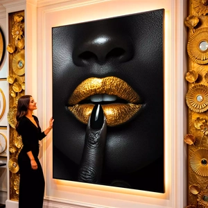 Quadro Mulher Negra Silêncio e Luxo Dourado visto de frente, exibindo sua moldura e sua arte.