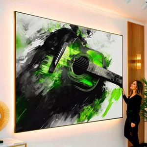 Quadro Música das Cordas e Cores Abstratas visto de frente, exibindo sua moldura e sua arte.