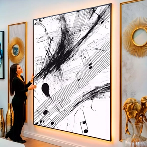 Quadro Música das Notas e Traços Abstratos visto de frente, exibindo sua moldura e sua arte.
