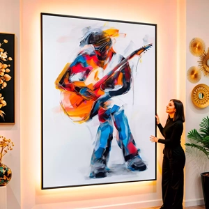 Quadro Música das Pinceladas Vibrantes em Harmonia visto de frente, exibindo sua moldura e sua arte.
